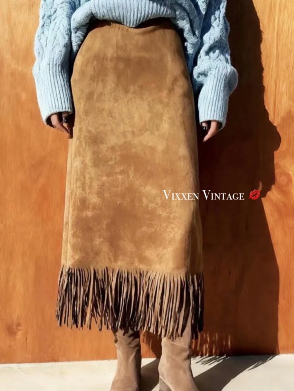 VINTAGE 1990'S RODEO PAGEANT FAUX SUEDE FRINGE SKIRT IN SADDLE